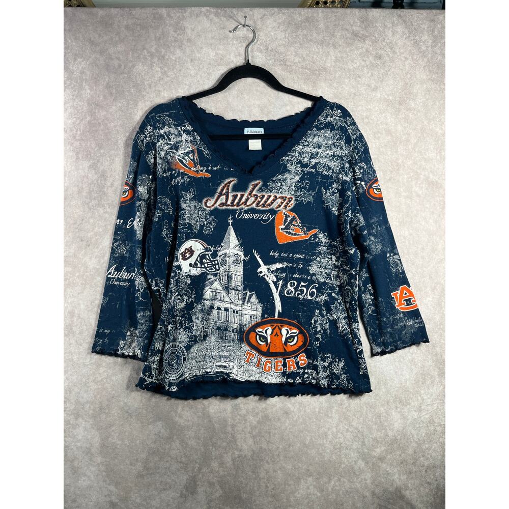 Vintage Michael University Of Auburn Tigers Shirt Womens XL Blue Graphic AOP